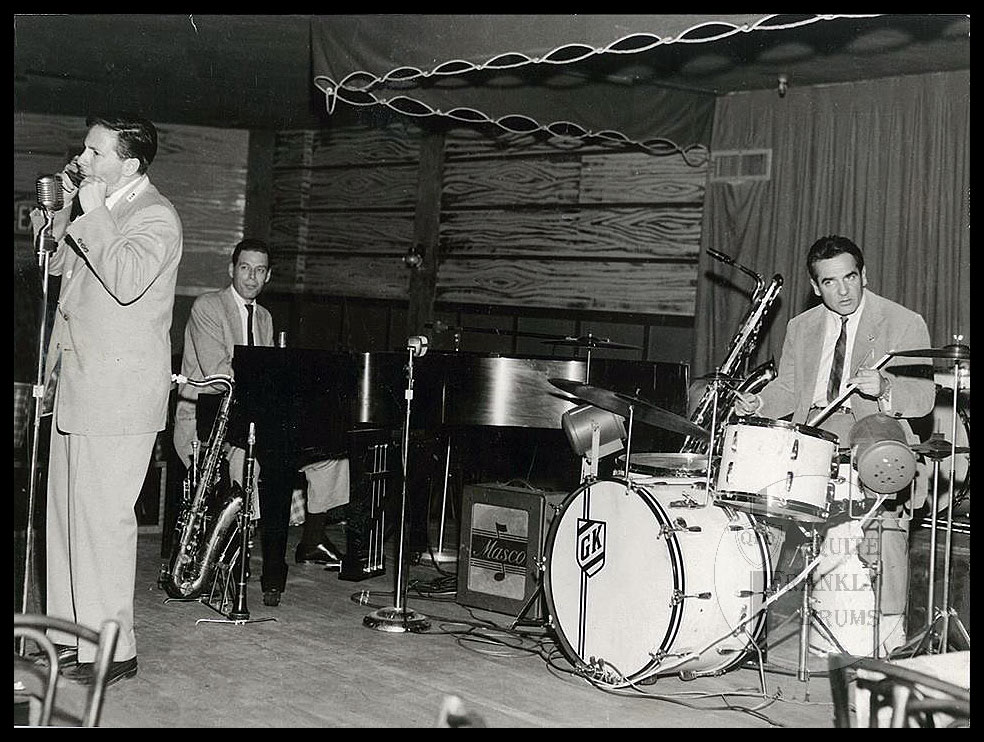 Gene Krupa on the same 1940s Slingerland Radio King Ensemble, seen with his trio in 1954