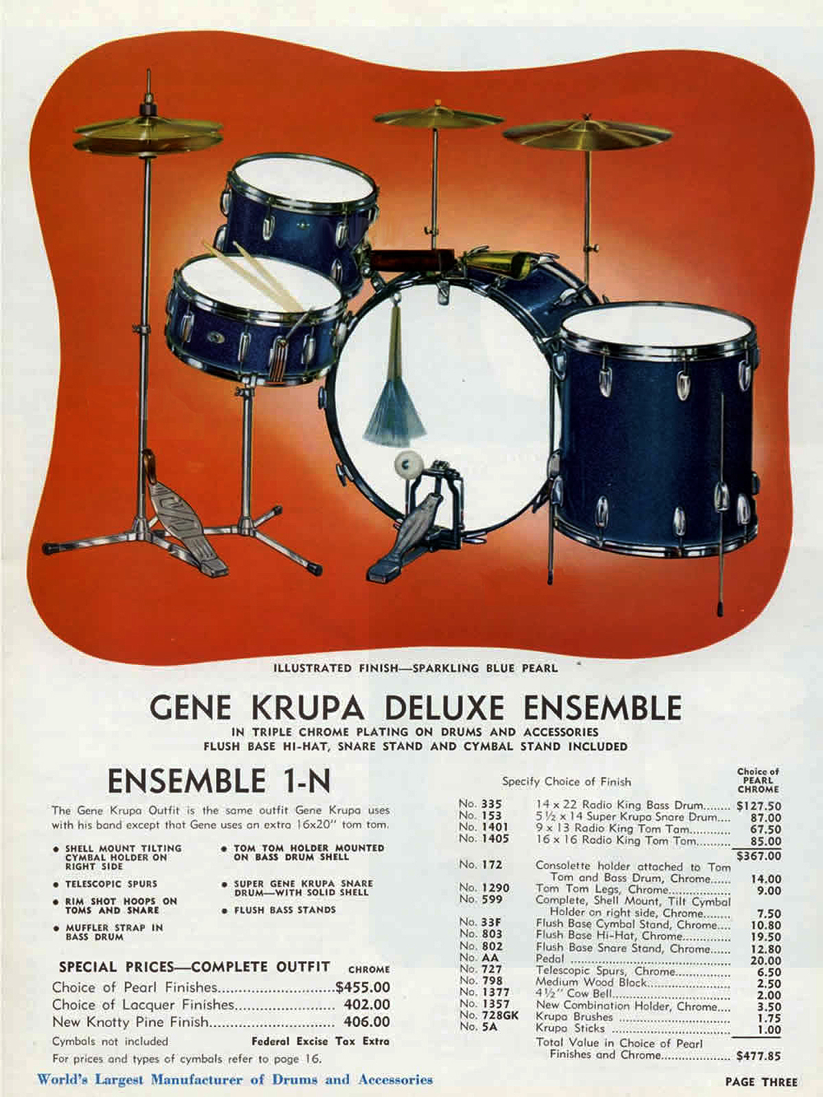 1958/59 Slingerland Gene Krupa Deluxe Ensemble 1N Outfit